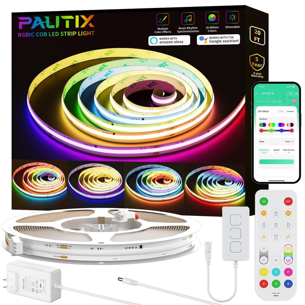 RGB Smart IC COB LED Strip Lights,Work with Alexa/Google Assistant,20ft/6.1m ...