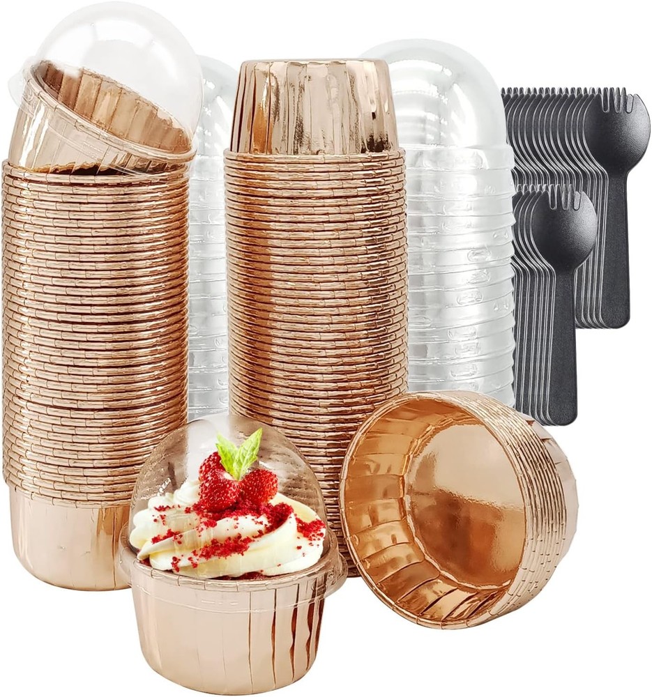 100-Pack Foil Cupcake Liners with Lids 3.5Oz Mini Champagne Free-Air