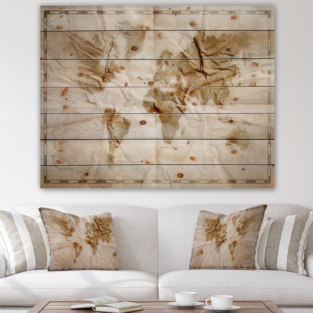 Designart 'Vintage World Map' Vintage Print on Natural Pine