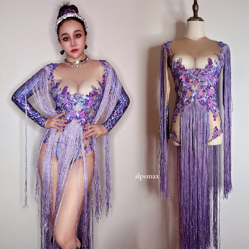 Purple Sequined Stretch Bodysuit with Tassels for Drag Queens and Performers