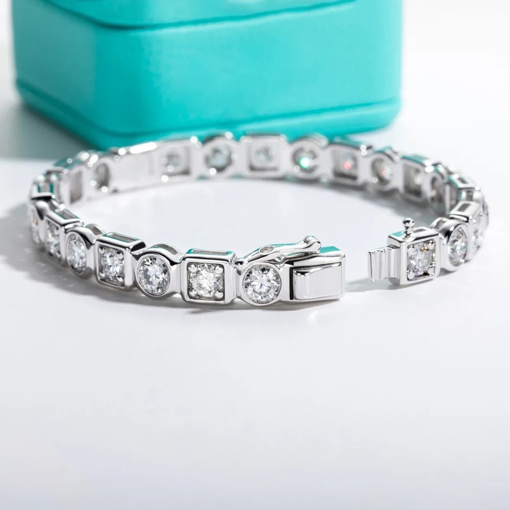 Moissanite Bezel Tennis Bracelet 4 TCW Round Cut 14k White Gold Plated