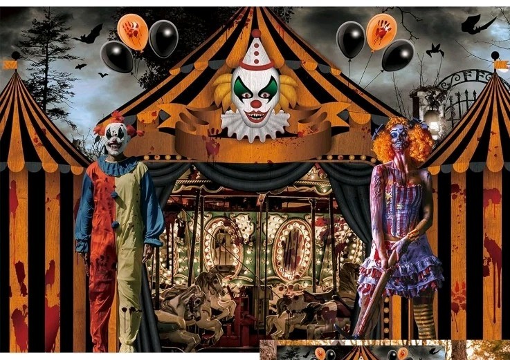 8x6ft Horror Circus Tent Carousel Backdrop for 2024 Halloween Evil Clown Carnival Decor