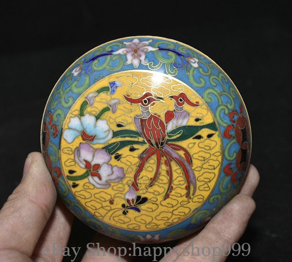 3.6 Inch Vintage Chinese Cloisonne Enamel Copper Jewelry Box with Intricate Flower and Magpie Bird Design