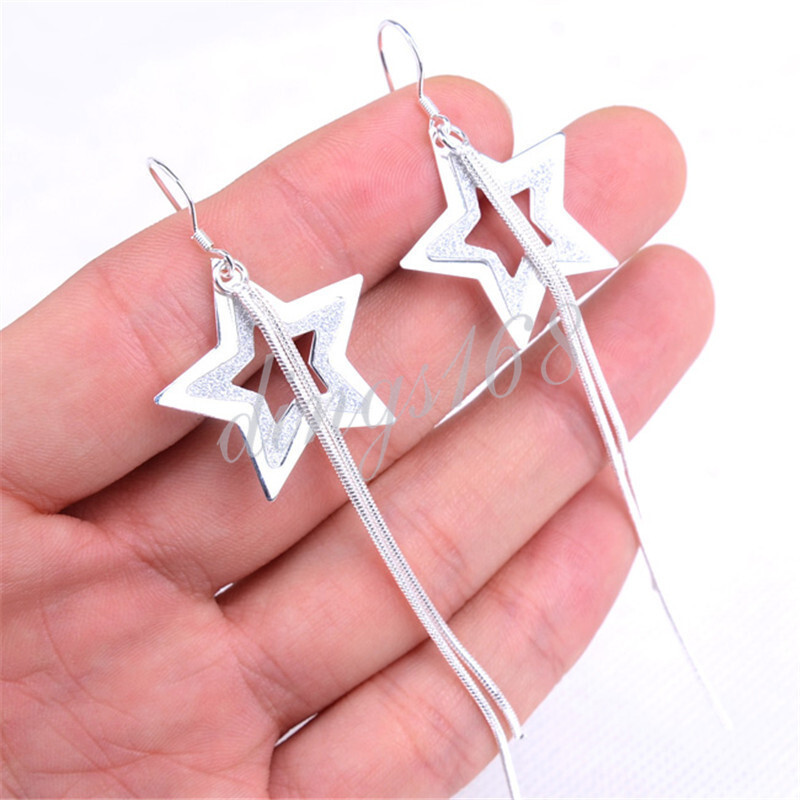 Authentic 925 Sterling Silver Open Star 4x1 Inch Threader Dangle Earrings A382