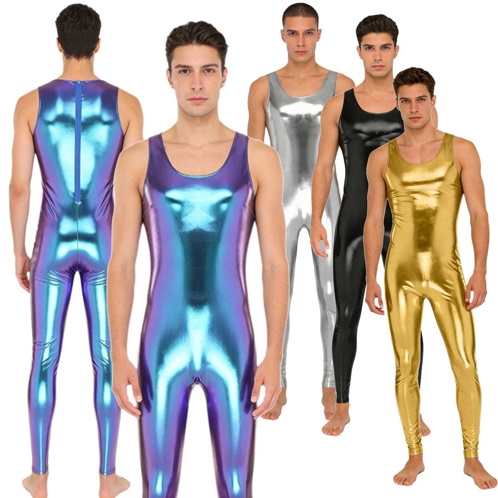 US Men's Metallic Shiny Ballet Full Body Tight Jumpsuit Unitards Dance Costumes