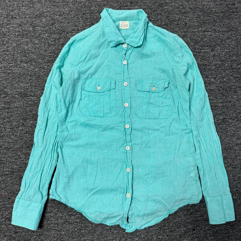 J Crew The Perfect Button Top Shirt Linen Coastal Womens Sz XS Teal Blue