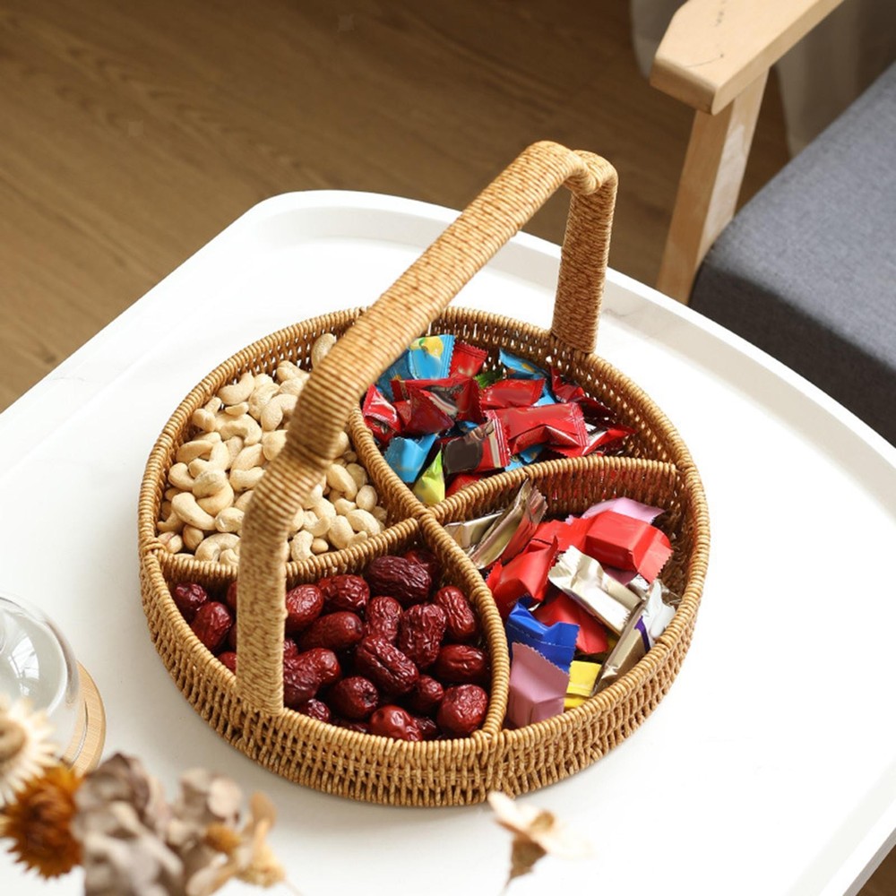 4-Grid Woven Fruit Basket Snack Serving Tray for Kitchen Countertop Bedroom