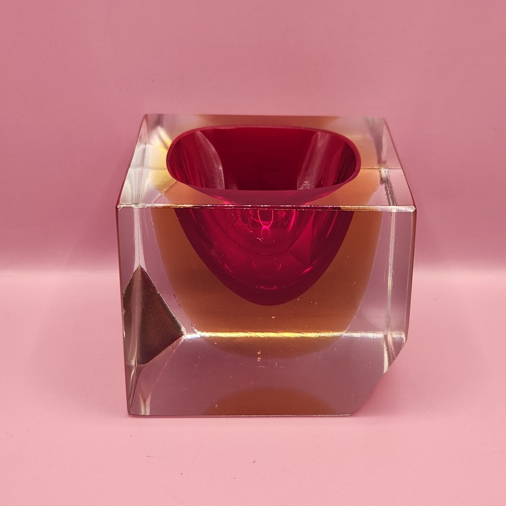 Vintage 1970s Murano Faceted Red Amber Glass Block Bowl Trinket Dish