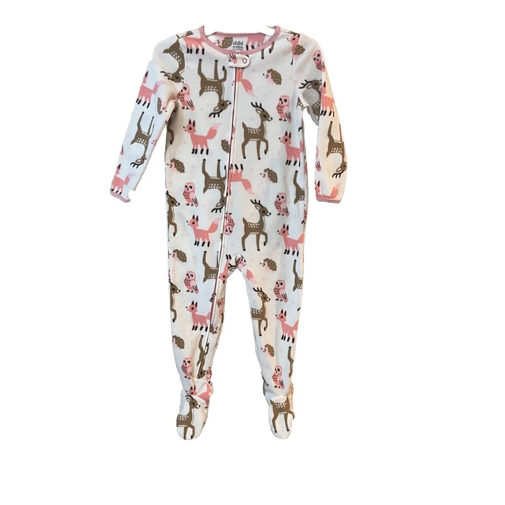 Girls Long Sleeve Footed White & Pink Reindeer Pajamas Full Zip Child Of Mine 4T