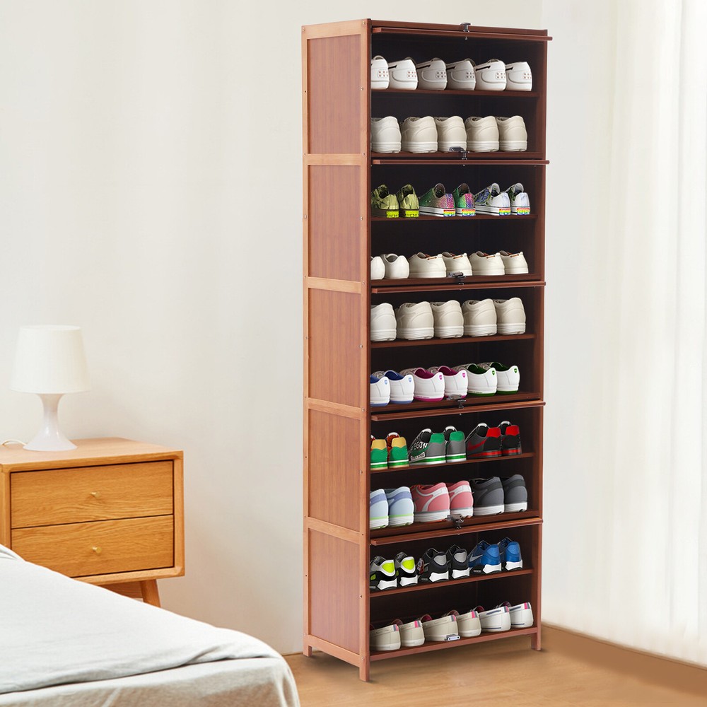 10-Tier Shoe Rack Bookshelf with Sliding Cabinet Doors for Hidden Storage