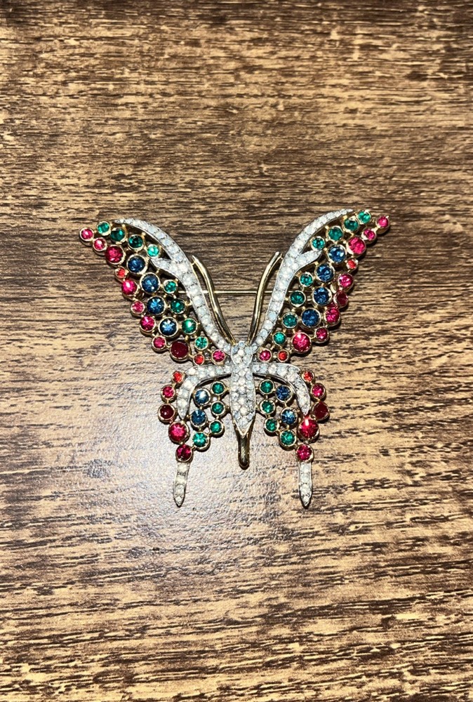 Trifari Vintage Crown  Jeweled Crystal Butterfly Brooch Rare