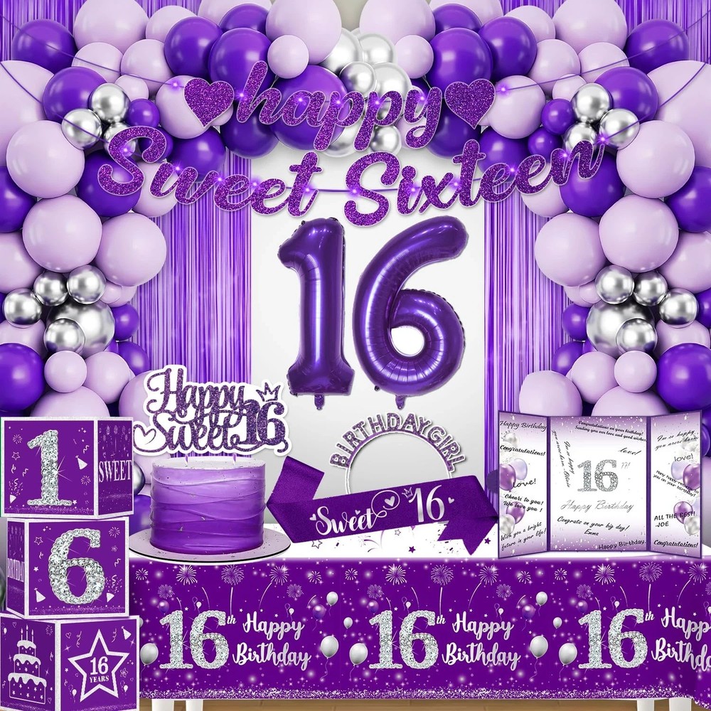 Cocomigo 104Pcs Sweet 16 Birthday Decorations for Girls, Purple Sweet 16 Party D