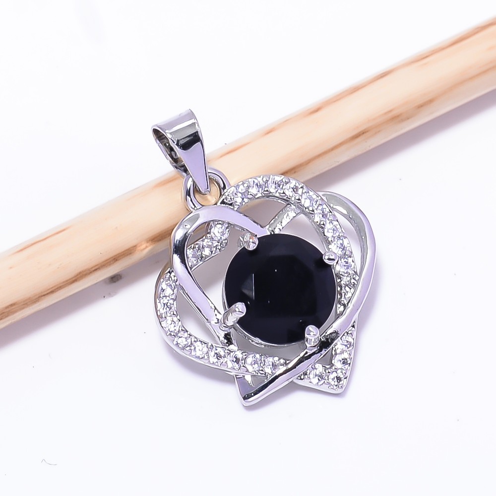 Black Onyx & Cubic Zirconia 925 Sterling Silver Heart Pendant 0.94