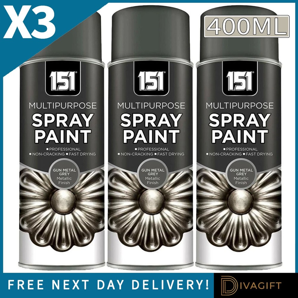 3 x 151 GUN METAL GREY SPRAY PAINT 400ML METALLIC FINISH FOR METAL PLASTIC WOOD