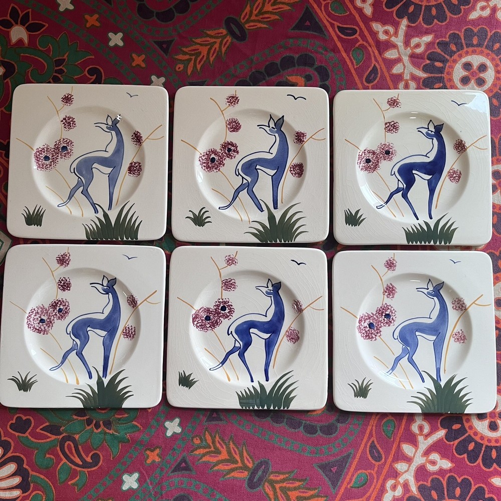 Vintage GIEN France Plates ANTILOPE Peint À La Main Bread Tea Canapé Hors