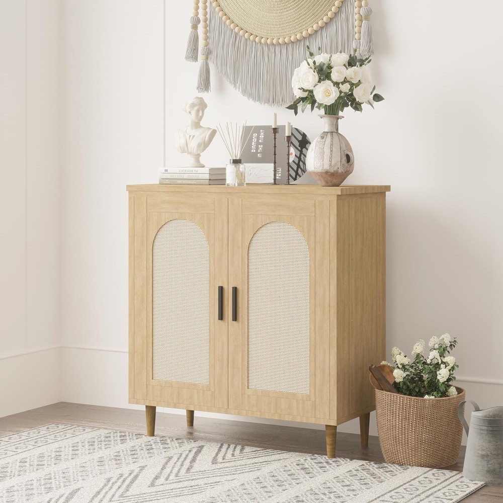 Rattan Storage Buffet Cabinet with 2 Doors and Adjustable Shelves