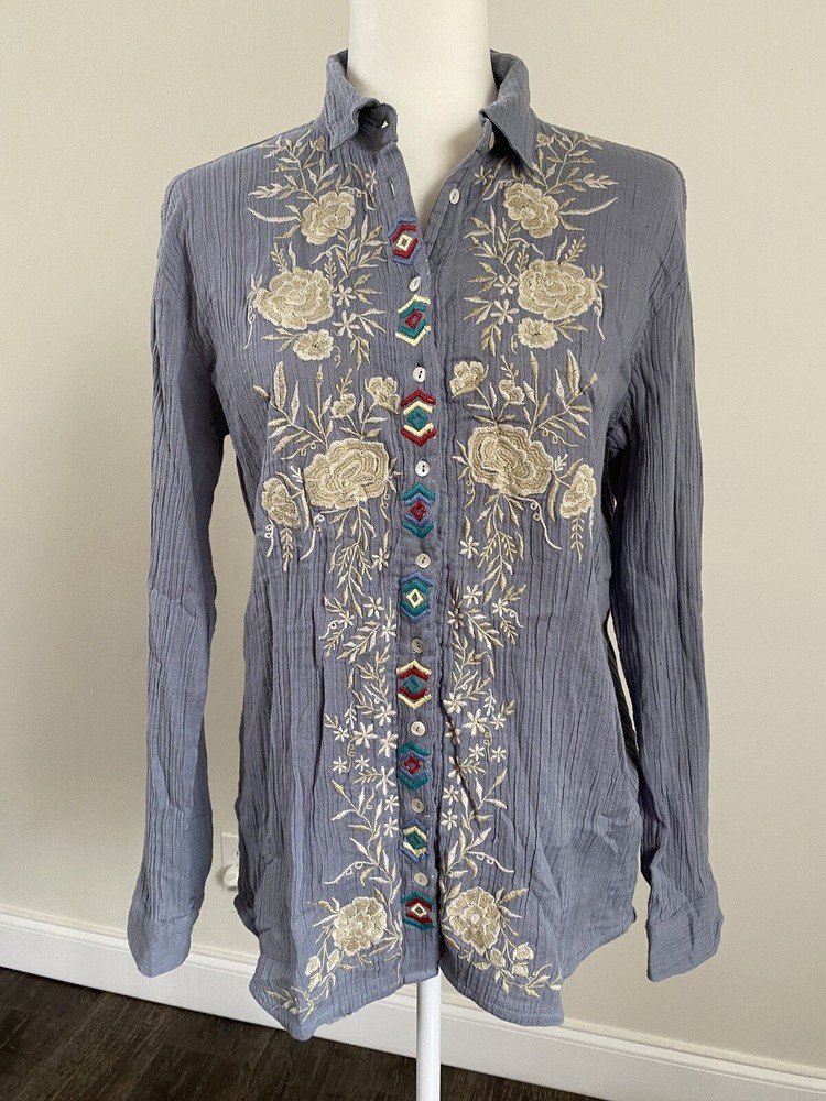 Kyla Seo Women’s Embroidered LS Anni Shirt Vintage Blue Cotton NWT Sz S