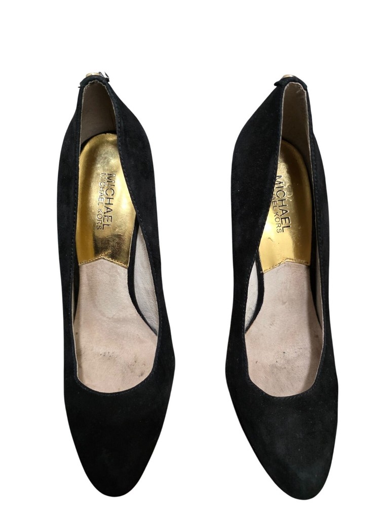 Michael Kors Black Suede Pointed Toe Heels with Gold Accents Size 9.5M