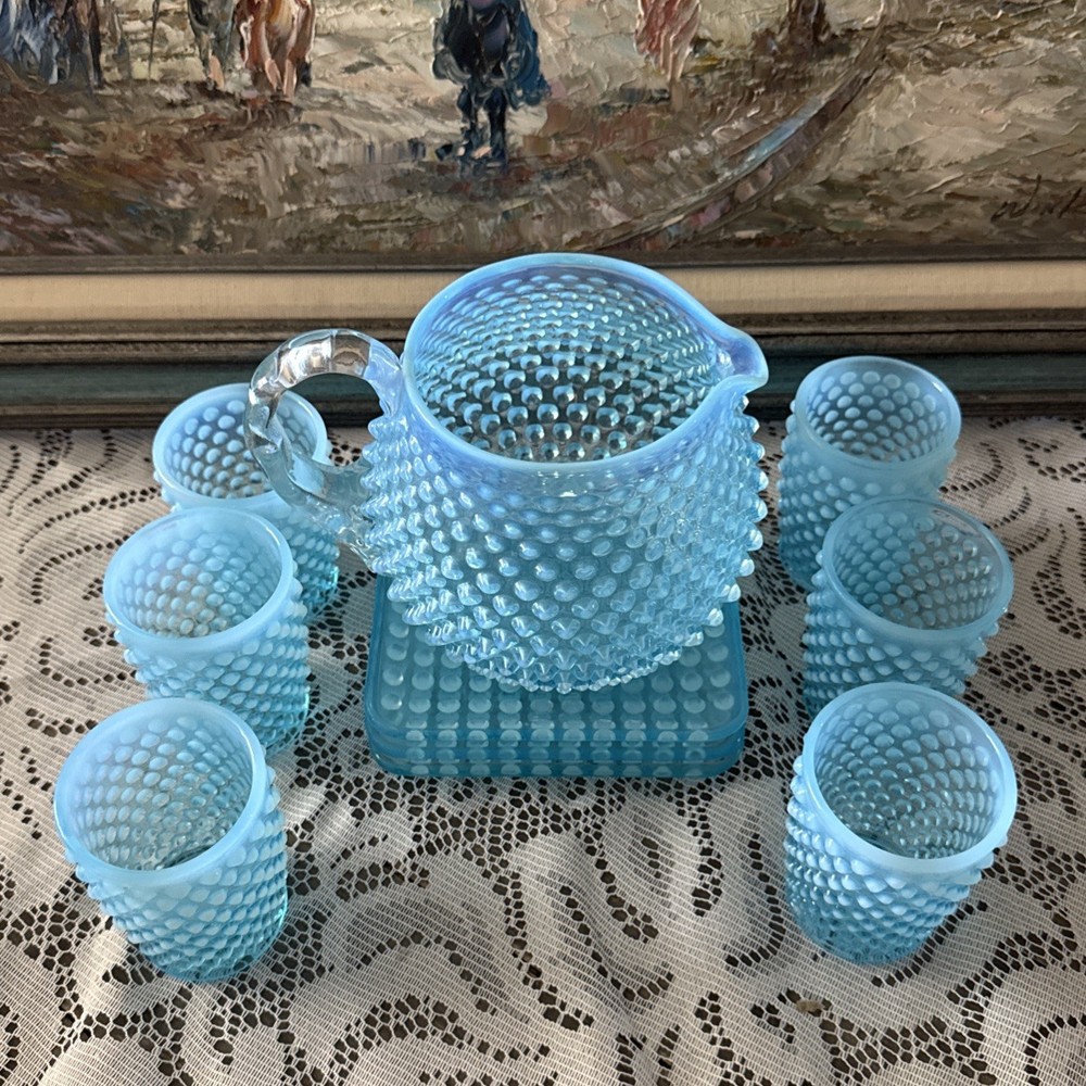 FENTON BLUE OPALESCENT HOBNAIL BARREL TUMBLER AND PITCHER SET 10 Pc W/ 3 TRAYS