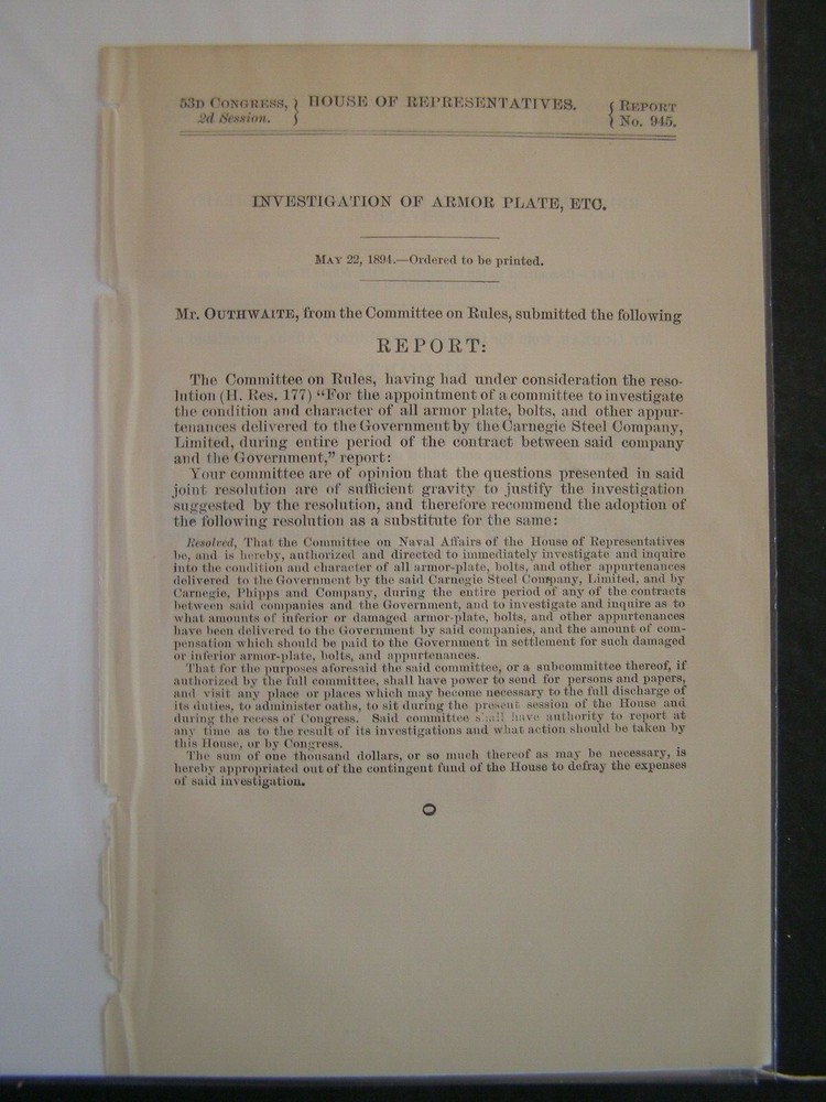 Government Report 1894 Investigation of Condition & Character Armor Plate Bolts