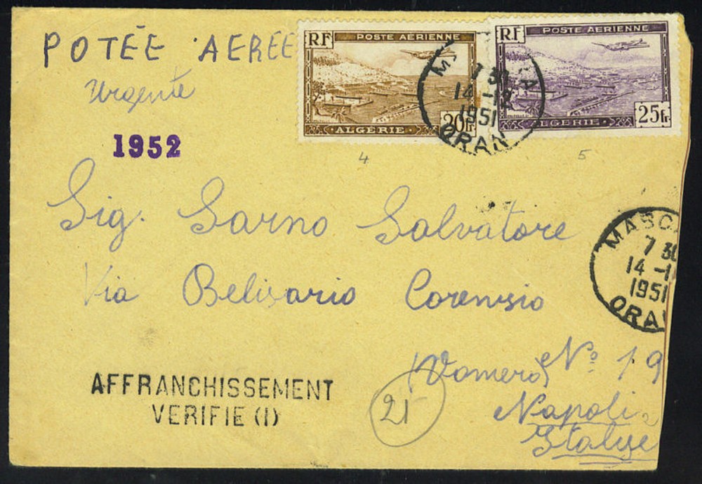 1951 ALEGERIA-FRANCE MASCORA ORAN EXPRESS AIRMAIL COVER