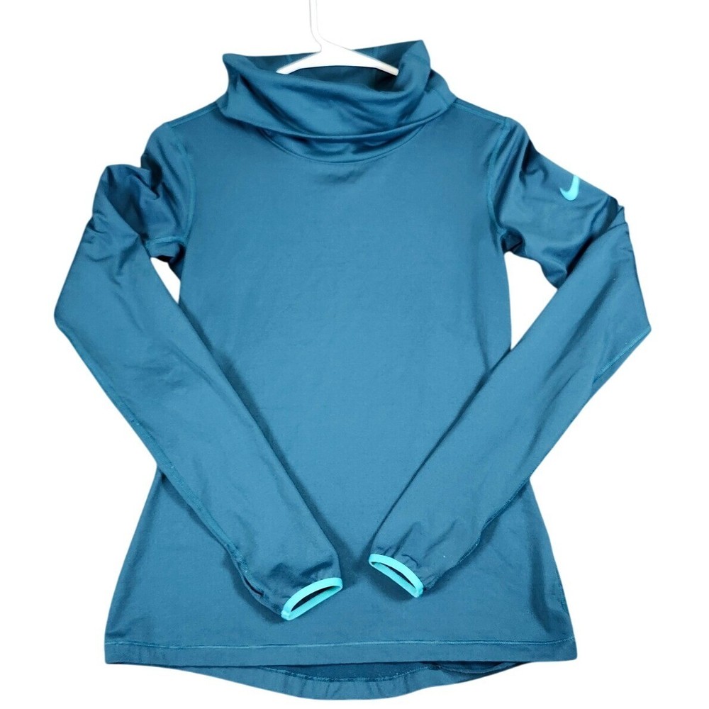 Nike Pro Dri-FIT Mock Neck Thumb Hole Athletic Top Teal Blue Small
