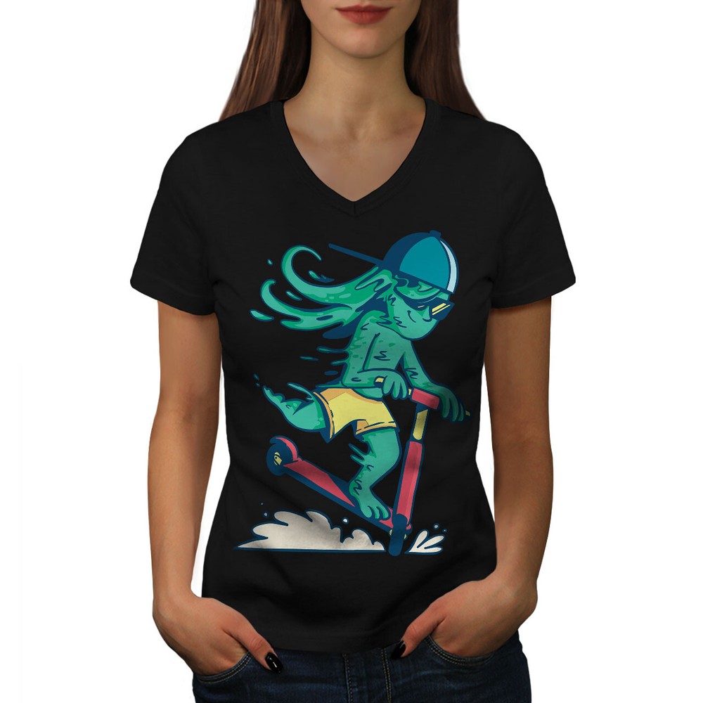 Wellcoda Cool Rider On Scooter Cartoon Style Womens V-Neck T-shirt