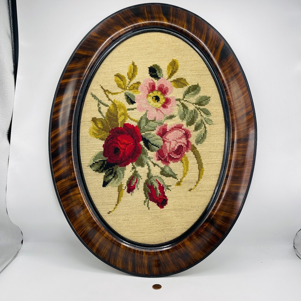 Vintage Large Framed Oval Needlepoint Florals Rose Cottagecore Japan