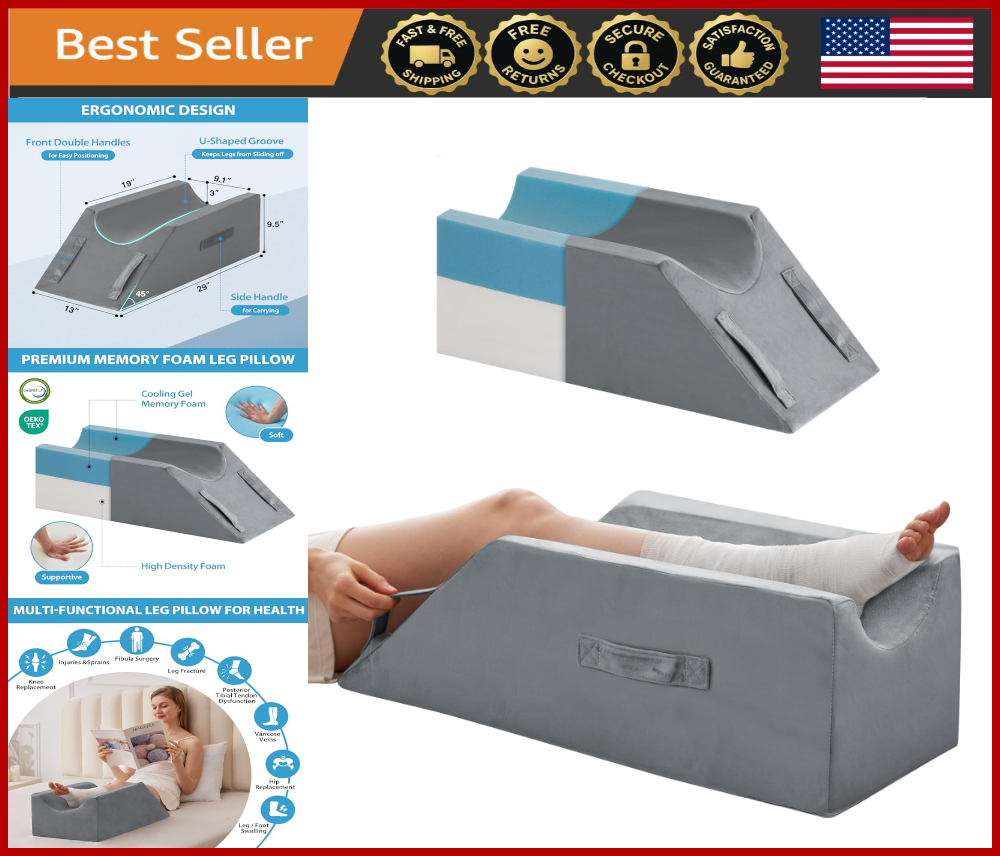 Memory Foam Leg Elevation Pillow for Surgery, Injury, Pain Relief, Grey