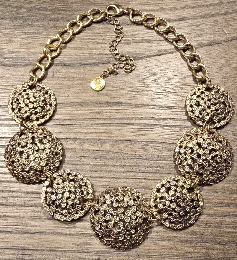 Dana Buchman Gold Tone Statement Necklace Hammered Texture Medallions
