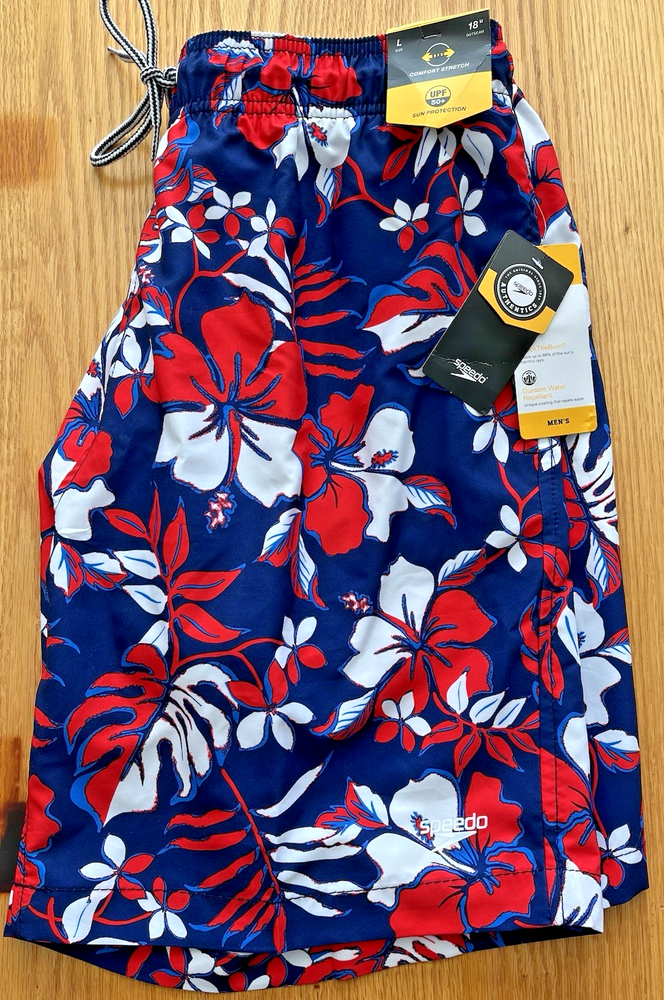 Speedo Blue Hawaiian Floral Swim Shorts Men's L UPF 50+ Water Repellent Pockets