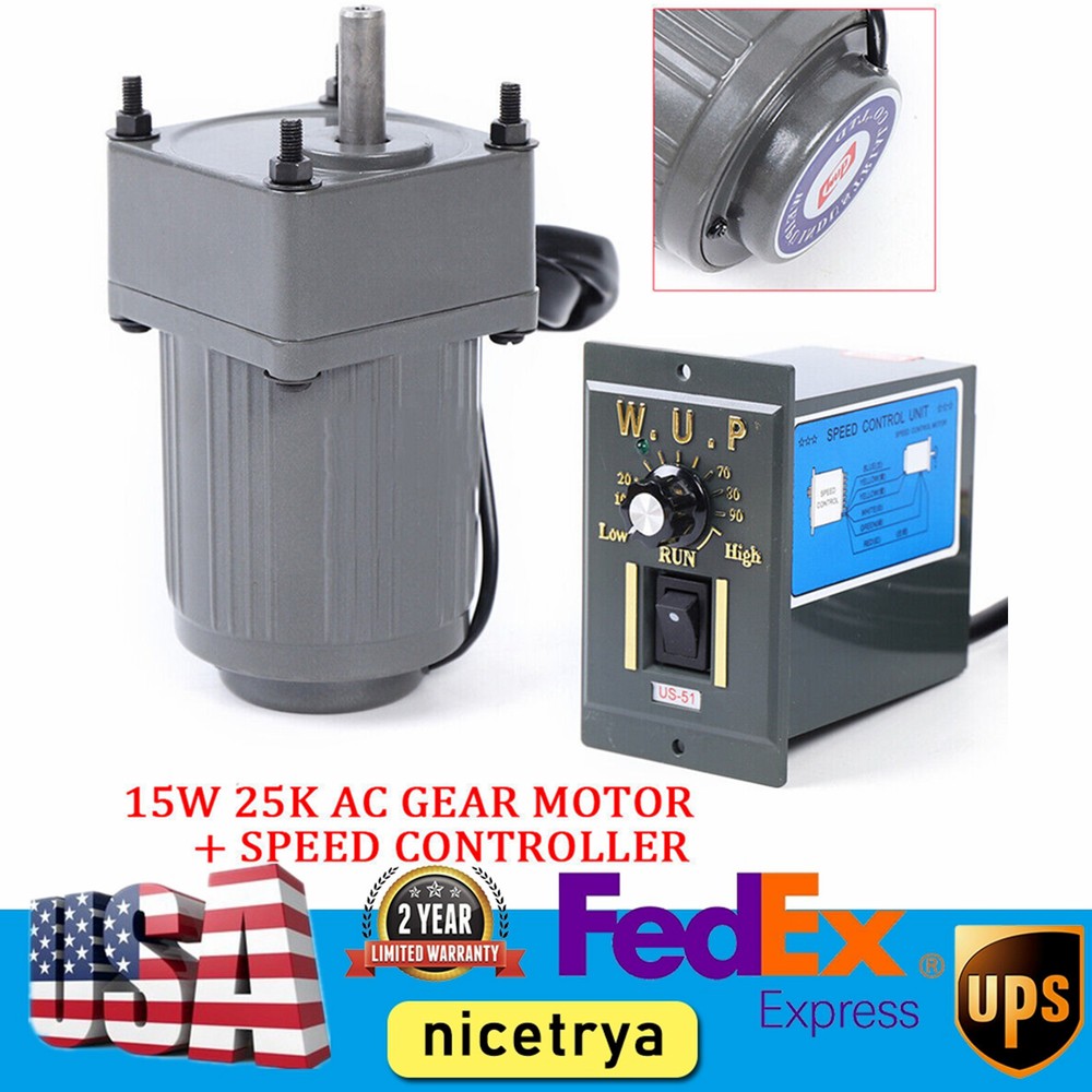 15W AC Gear Motor Electric Variable Speed Controller Reducer 0-54RPM 20K 1:25