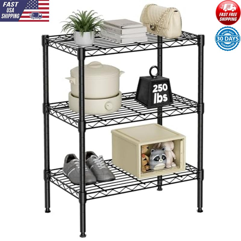 3-Tier Adjustable Heavy Duty Metal Wire Shelving Unit for Kitchen Storage
