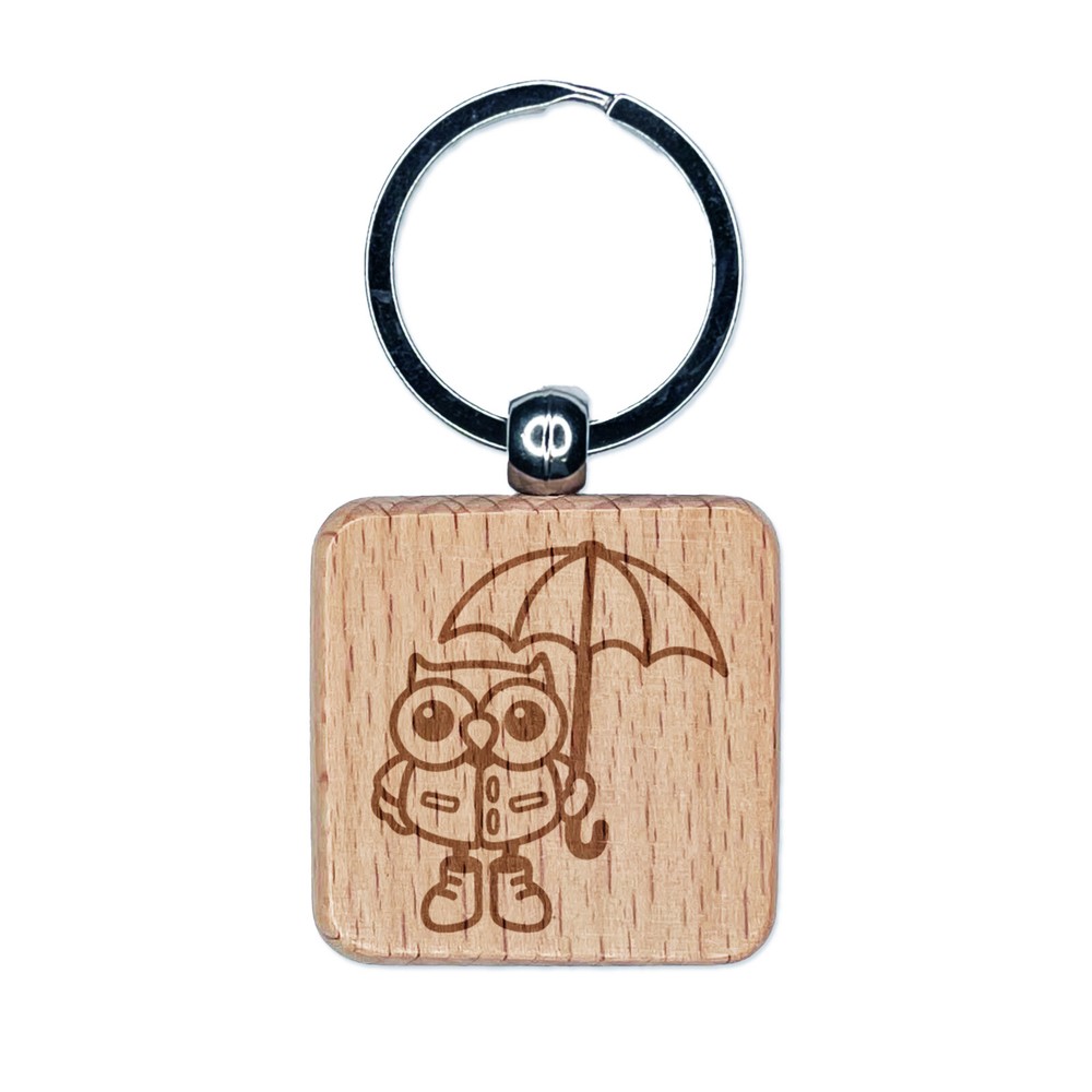 Búho con paraguas listo para la lluvia grabado en madera cuadrado llavero etiqueta dije