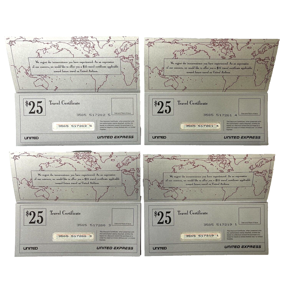 4 Pcs United Airlines United Express Flight Voucher $25 Coupons Collectible Rare-image