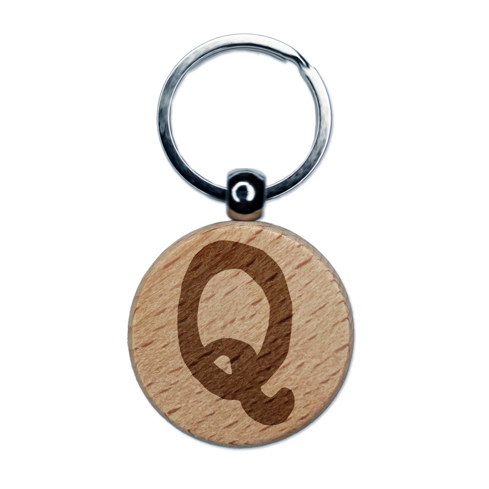 Letter Q Uppercase Cute Typewriter Font Engraved Wood Round Keychain Tag Charm