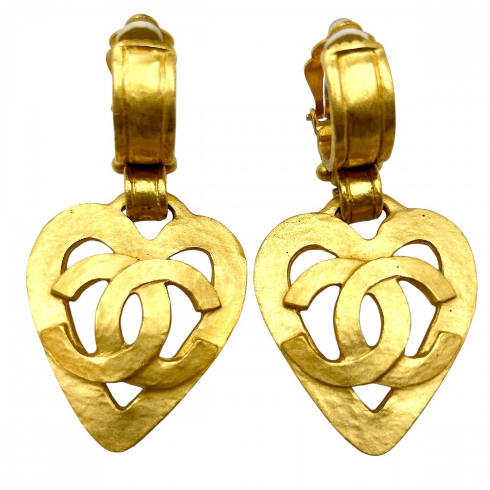 CHANEL 1995 Gold CC Heart Clip-On Earrings Women Vintage No Box