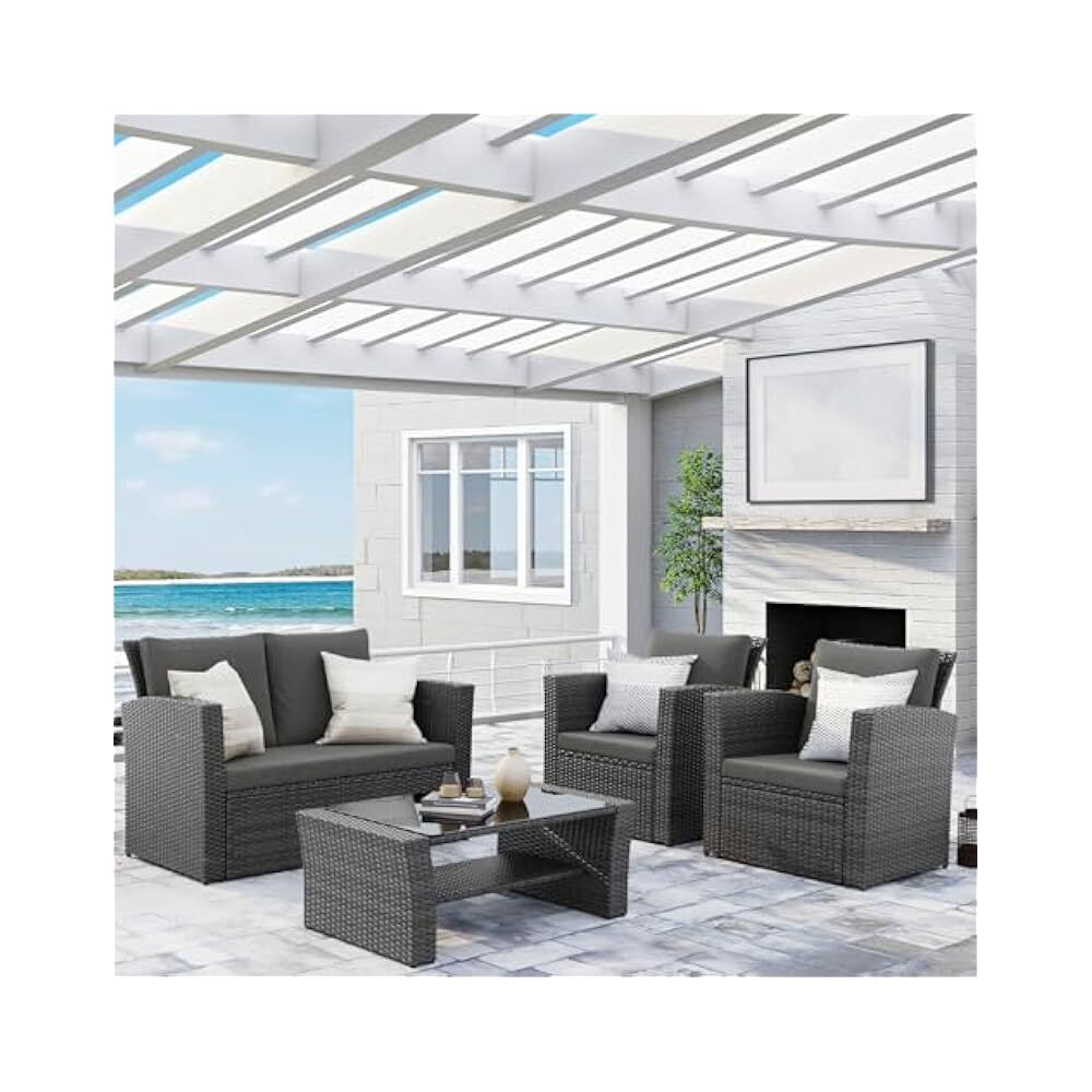 Weatherproof 4-Piece Wicker Patio Set for Porch Deck & Garden Outdoor Furniture