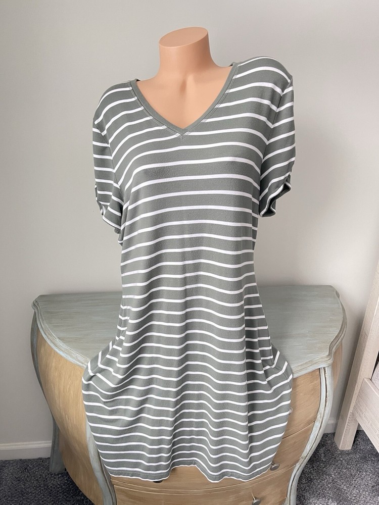 T By Talbots Soft Terry Dress Size XL V Neck Short Sleeve Olive Green Stripe