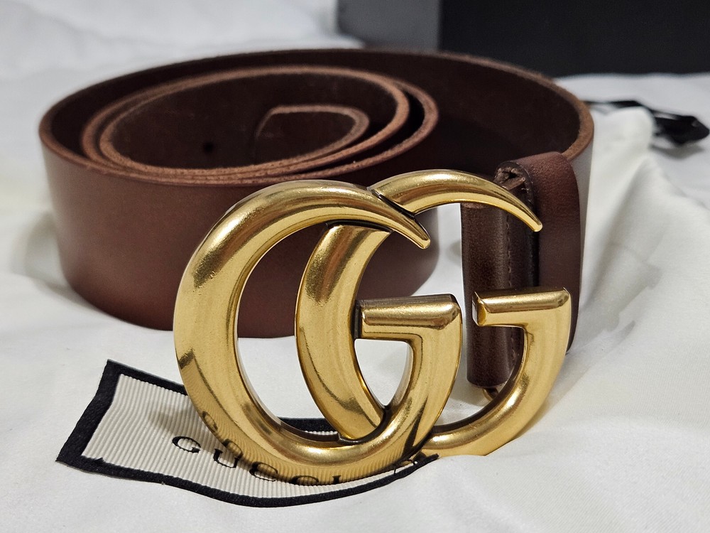 Authentic Brown Leather Gucci Belt 1.5 Inch Gold GG Buckle Unisex 95cm 32/34
