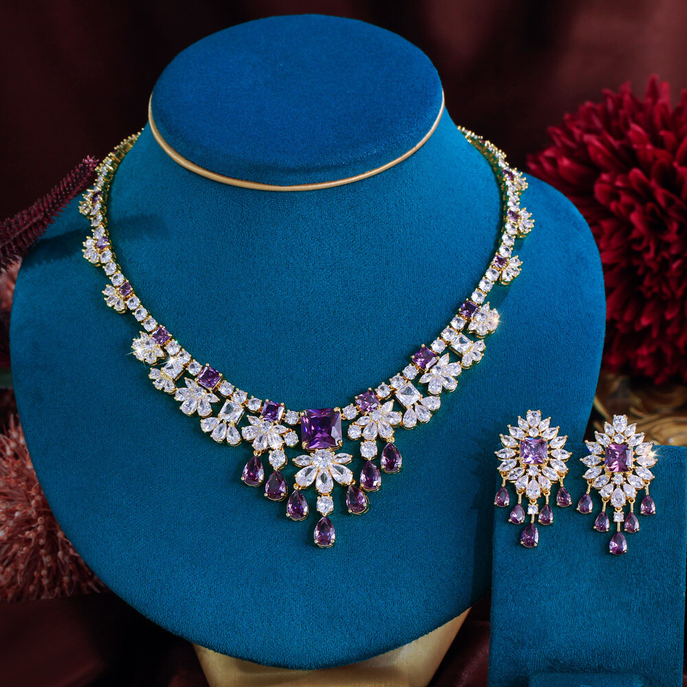 Purple CZ Gold Plated Square Flower Drop Earrings Necklace Wedding Jewelry Set