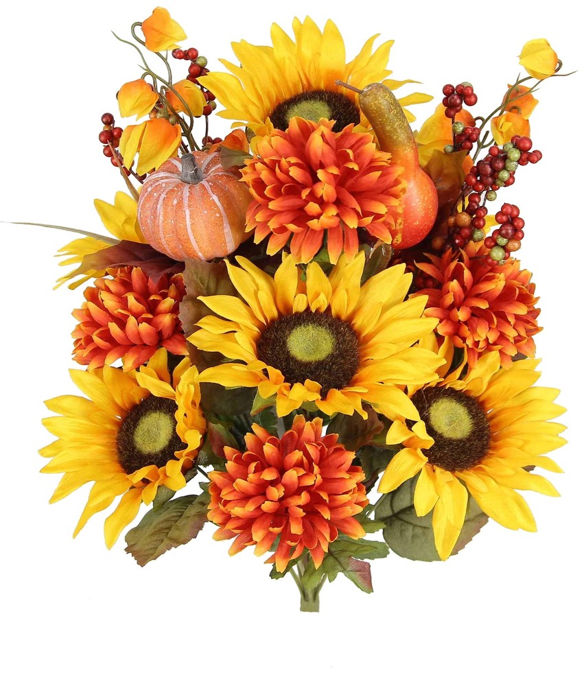 18 Stems Artificial Mums Sunflowers Zinna Silk Flowers Bush Cemetery Flowers ...