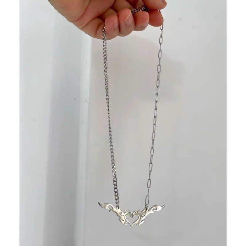 Silver Color Flame Heart Pendant Necklace For Women Egirls y2k Neck Jewelry