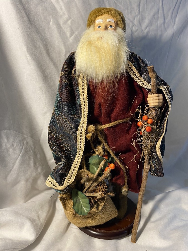Old World Santa Claus Figurine Homemade Figure Statue Table Topper Wood Base 16”