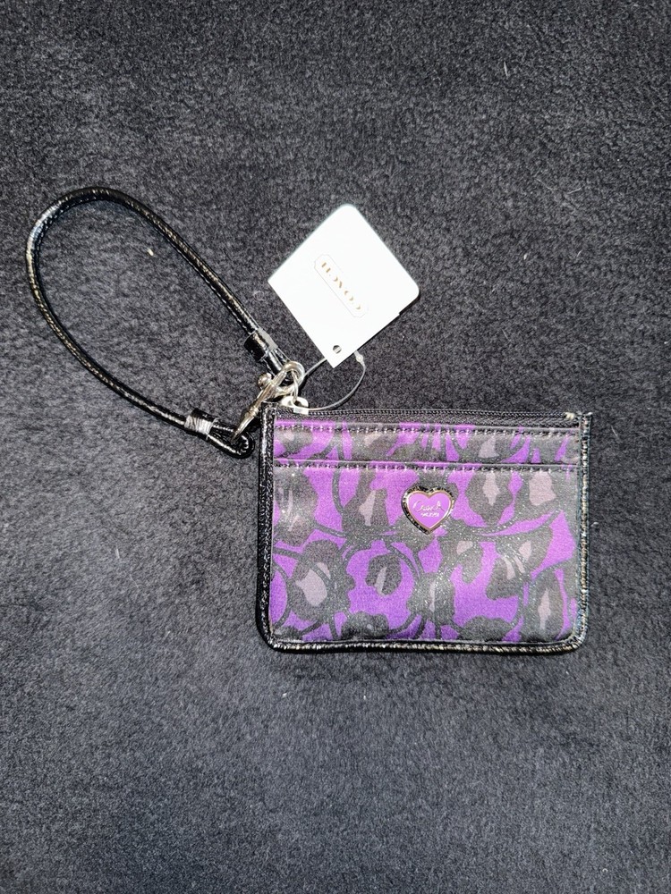 Coach NWT Purple Black Wristlet with Leather Accents Wallet Keychain  