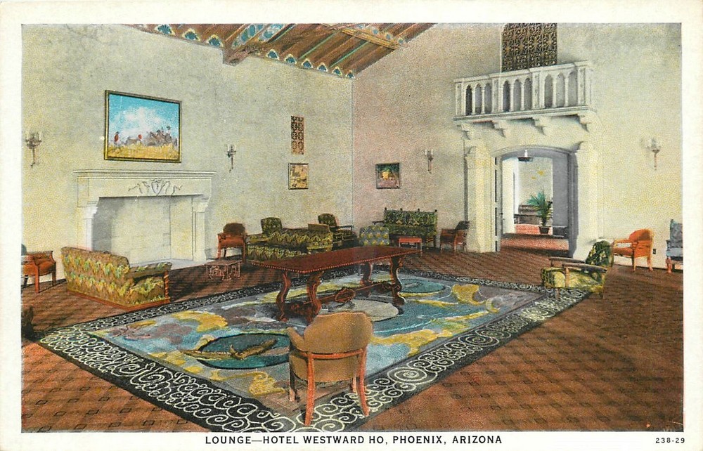 1920s Phoenix Arizona Lounge Hotel Westward Ho Interior Herz Postcard 25-6456