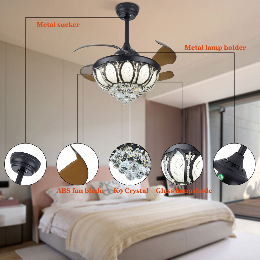 Modern Dimmable LED Ceiling Fan Light with Remote Crystal Chandelier