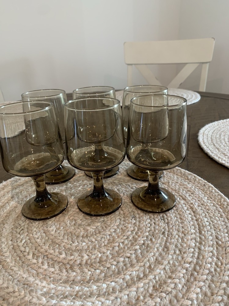 Vintage Libbey Tawny Smoked Glass Stemmed Wine Glasses Set of 6