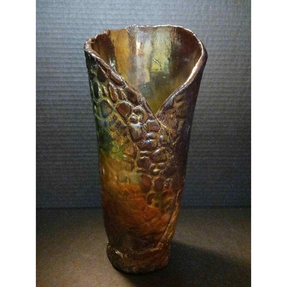 Vintage Artist singed  pottery iridescent Earth Tone Vase Christmas Gift Sale-image