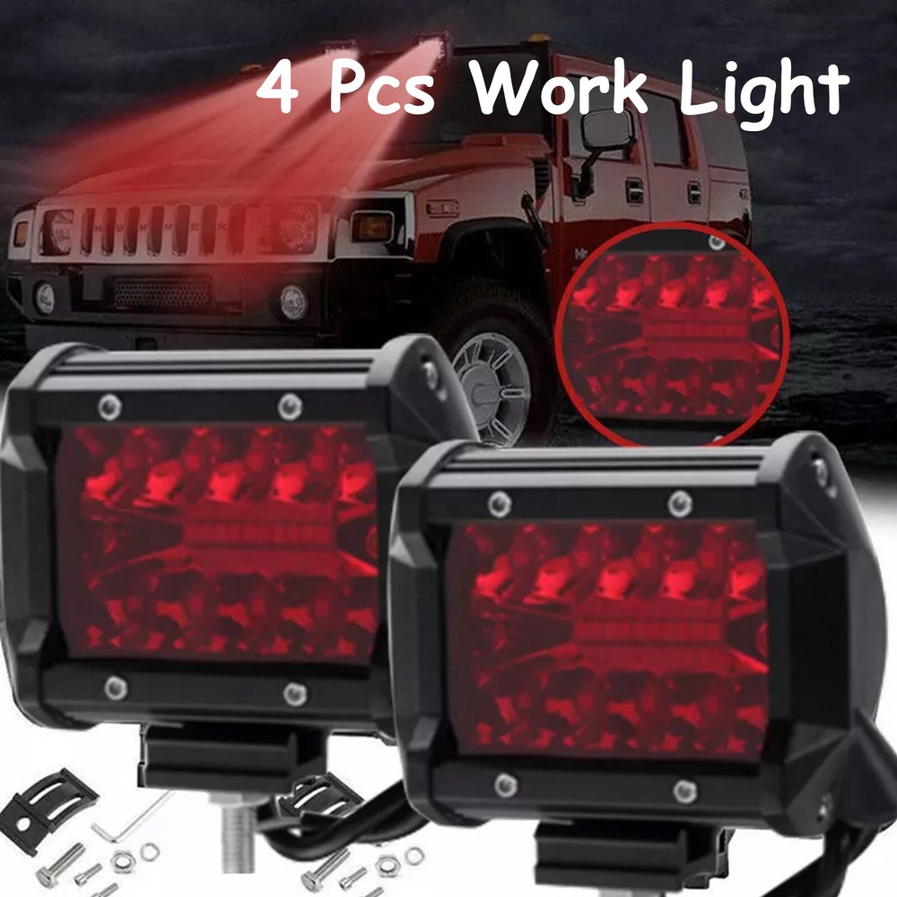 4pcs Red 4 inch 3 Rows LED Work Light Bar Flood Spot Combo 12V 24V Car Truck 4WD